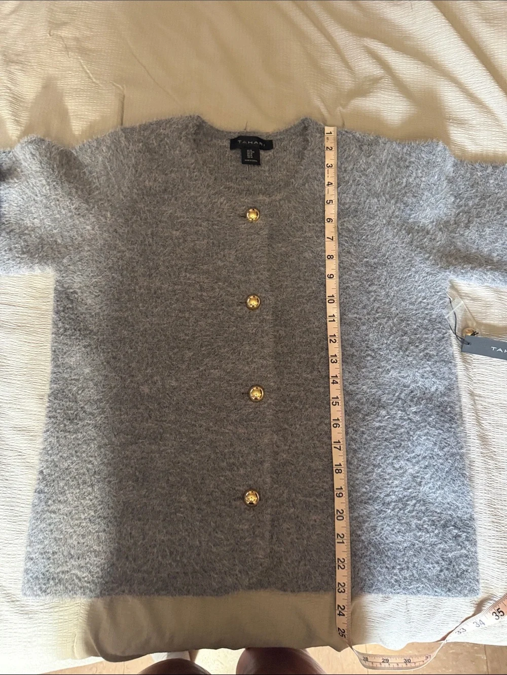 Tahari Heather Gray Fuzzy Button-Front Cardigan with Gold Buttons